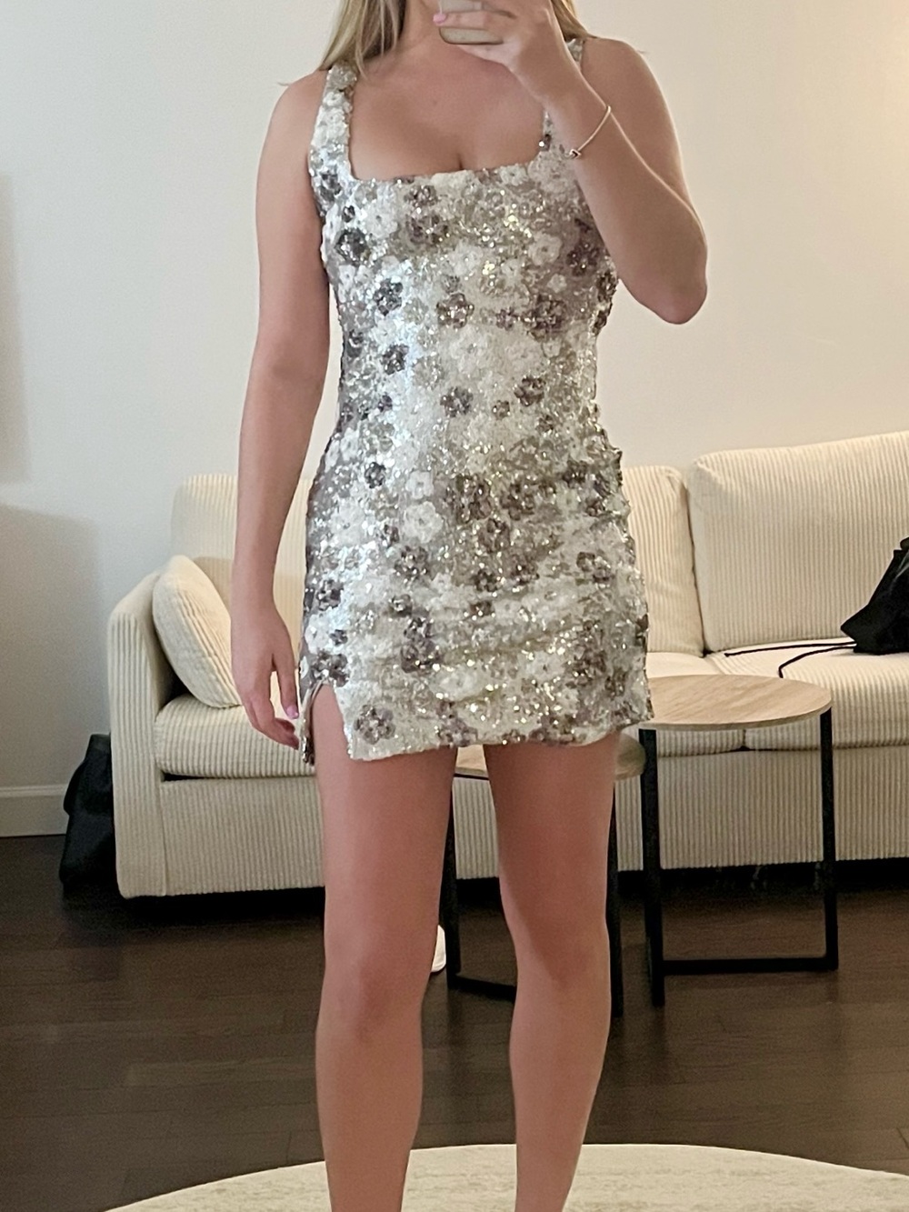 Sequin Embellished Mini Dress in White and Silver